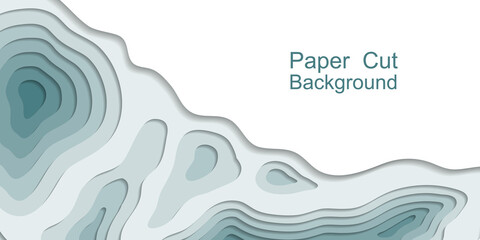 Paper cut topography 3d background. Multi layers, origami relief map. Sea water papercut web banner, smooth topo lines, teal color modern trensy design. Vector illustration