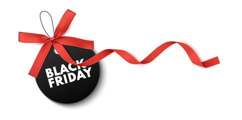 Black Friday sale black label with red bow and red ribbon isolated on white background. Vector illustration
