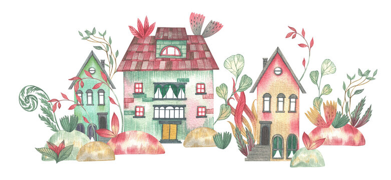 Hand drawn watercolor illustration of a summer street of cute houses surrounded by green plants.