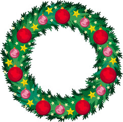 New Year and Christmas wreath. A traditional winter garland of evergreen branches, with bright balls and stars. A greeting card. Happy Christmas vector. A wreath
