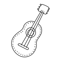 Acoustic guitar or ukulele. Hand drawn musical instrument. Vector illustration in doodle style isolated on white background.