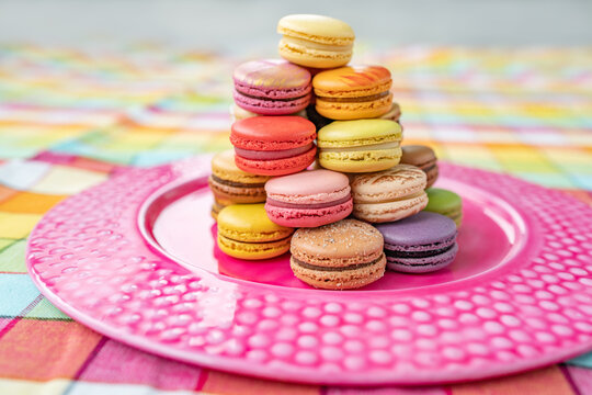 Macarons tower dessert at home. Cute retro vintage pink plate on checkered tablecloth easter decoration home kitchen. pastel color macaron of different flavors. French pastry macaroons plate.