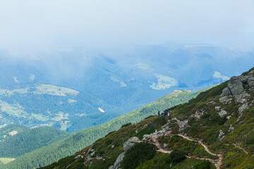 Fototapeta na wymiar Hiking trails on the hillside. Ukrainian Carpathians
