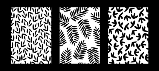 Pack de tres patrones para fondos de diseño o estampados con formas de vegetales, vectores abstractos en blanco y negro	