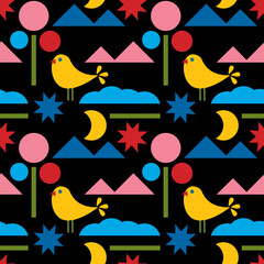 seamless repeating pattern with birds, trees and clouds. vector illustration