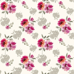 Fototapeta na wymiar watercolor floral pattern with pink flowers on white background, hand painted