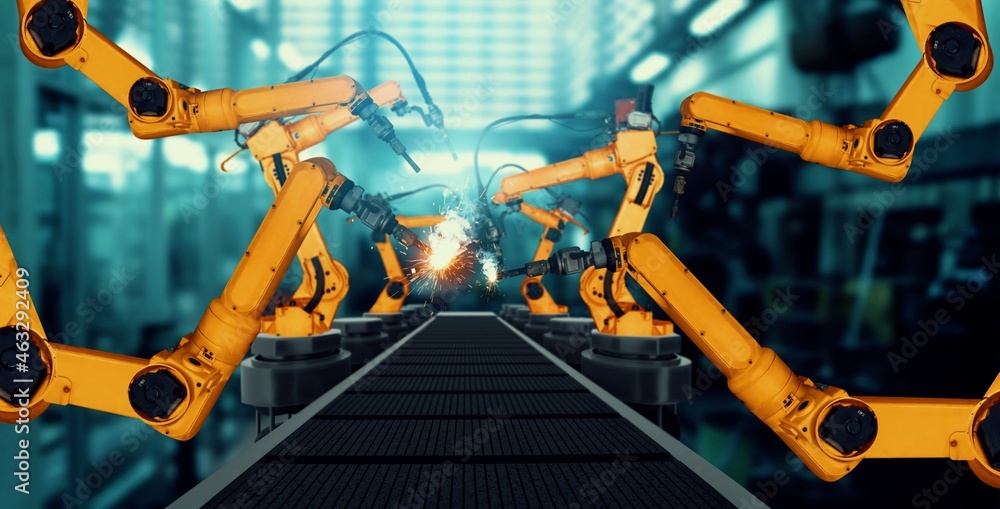 Aufkleber mechanized industry robot arm for assembly in factory production line . concept of artificial intell