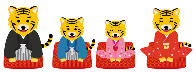 和装をした虎のキャラクター家族