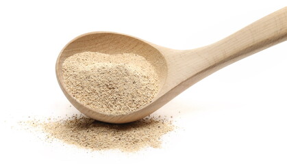 Milled Shiitake mushroom powder (Sh) in wooden spoon isolated on white background