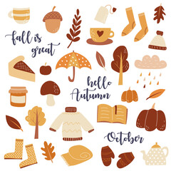Vector set of autumn icons. Scrapbook collection of fall season elements. Design for Autumn greeting card