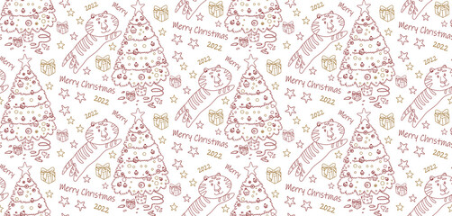 Christmas seamless pattern. The symbol of 2022. Tiger and Christmas tree. Template for use in children's design, textiles, books, packaging. 