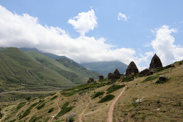 amazing picturesque mountain landscape in Chegem valley, Caucasus mountain, Russia with ancient stone tombs of 