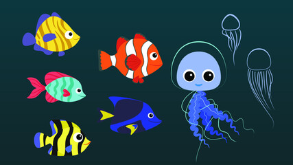 Naklejka na ściany i meble Set of colored sea fish. Vector flat cartoon design illustration.
