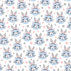 cute vector seamless pattern with cartoon blue cat faces with rabbit ears and dots. it can be used as wallpaper, poster, print for clothes, fabrics, textiles, notebooks, wrapping paper.