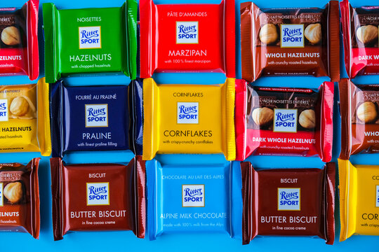 Kiev Ukraine - October 2021 chocolate Ritter Sport mini bars. German chocolate, different tastes. Little particles Square chocolate Bar made by Alfred Ritter GmbH Co
