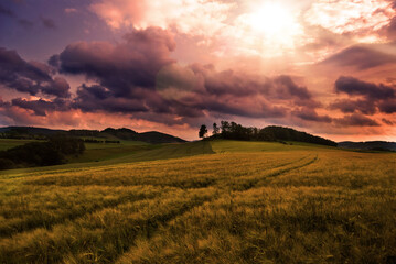 Landschaft im Sauerland nach einem Gewitter bei Sonnenuntergang