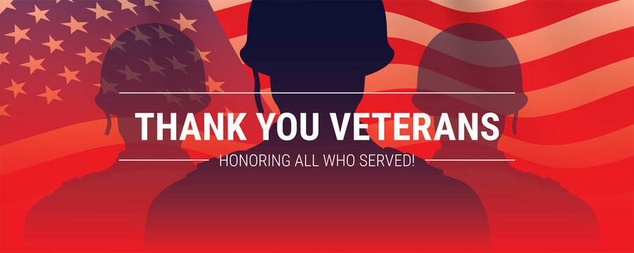 Veterans day cinematic vector background, with WW2 soldier shadows and waving USA flag. Patriotic American army banner with THANK YOU VETERANS message.