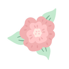 cute hand-drawn cartoon pink flower with leaves. vector image isolated on a white background