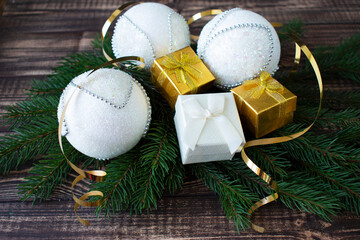 hristmas decoration fir branches and christmas balls