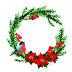 Christmas watercolour wreath. Hand drawn object, isolated on white background.