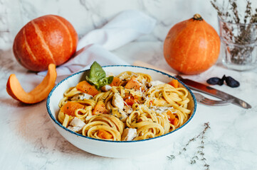 creamy pumpkin tagliatelle with chicken and pumpkin sauce