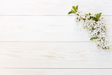 Close-up photo of Beautiful white Flowering Cherry Tree branches. Wedding, engagement or betrothal concept on vintage wooden background. Top view, greating card.