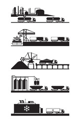 Trucks with trailers for various products – vector illustration