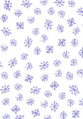 Snowflakes winter background, christmas background. Snow is falling, kid's chalk drawing doodle