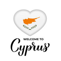 Welcome to Cyprus calligraphy hand lettering with national flag in heart shape isolated on white background. Vector template for typography poster, postcard, banner, flyer, sticker, t-shirt