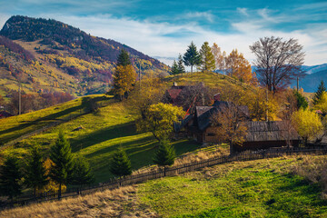 Autumn rural landscape and ranch on the hill, Magura, Romania