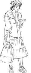 Outline sketch of girl in dress holding phone and backpack in line art style
