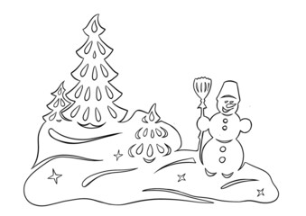 Snowman in a bucket on head, forest in the snow, line silhouette illustration. Christmas decoration for windows, paper template for cutting out.