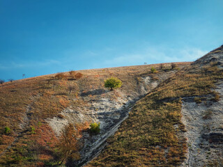 Idyllic countryside view to a single tree on the karst limestone hills at Orheiul Vechi, old Orhei complex, near Trebujeni village, Moldova. Autumn season nature landscape