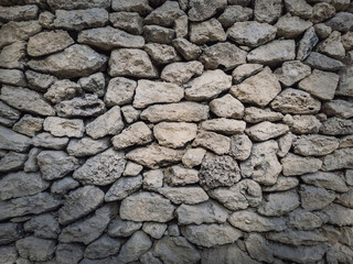 Irregular stone masonry wall background. Old limestone rocks of different size and shapes stacked carefully. Detailed texture of construction element. Antique rough manual work