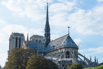 Beautiful back view of Notre Dame de Paris cathedral before burning
