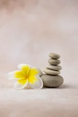 Foto op Canvas Pyramids of gray and white zen pebble meditation stones on beige background with plumeria tropical flower. Concept of harmony, balance and meditation, spa, massage, relax © strigana