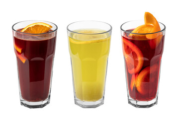 three glasses of red and yellow refreshing winter drink or mulled wine with sliced orange isolated on a white background