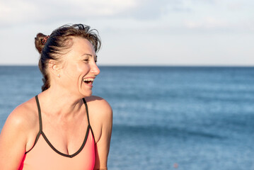 Portrait of a happy woman after playing sports, fitness, yoga. Healthy lifestyle concept
