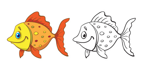 Funny colorful fish and its outline drawing. In cartoon style. Isolated on white background. Vector illustration. For coloring book.
