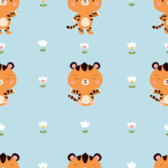 Childish seamless pattern with cute tigers and flowers on blue background. Cartoon kawaii character. Jungle animal. Summer vector illustration.