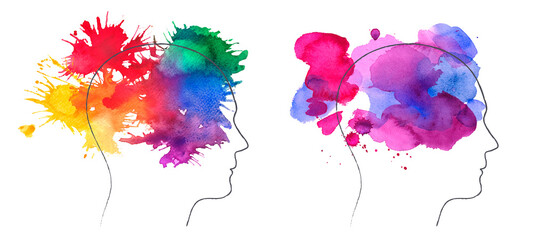 Human head with watercolor colorful splashes illustration. Psychology, creativity concept