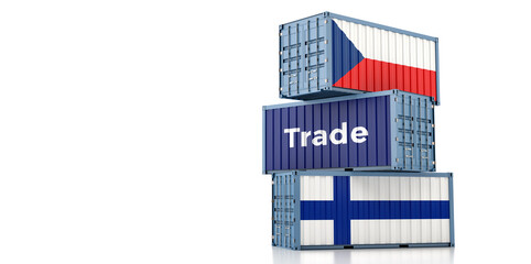 Shipping containers with Finland and Czech Republic national flag. 3D Rendering 