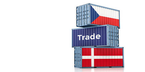 Shipping containers with Denmark and Czech Republic national flag. 3D Rendering 