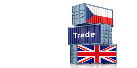 Shipping containers with United Kingdom and Czech Republic national flag. 3D Rendering 