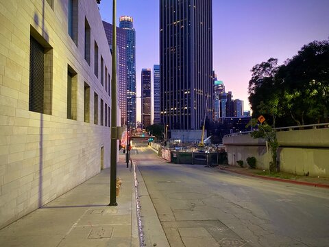 LOS ANGELES, CA, JAN 2021: Empty Street In Downtown At Dusk With Skyscrapers In Background