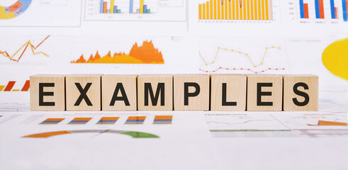 On a light background, graphs, diagrams and wooden cubes with the word EXAMPLES.