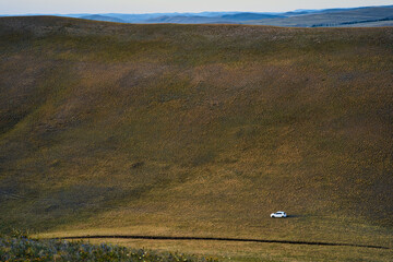 Naklejka premium Aerial View of the Long Mountains Ridge. The beginning of the Ural mountains. Orenburg region. High quality photo