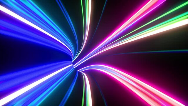 Colorful multicolored straight lines on a dark background. Abstract animation of neon, lasers and lines. Flying through data tunnel. Seamless loop, 3d animation in 4K