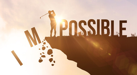 Impossible and possible business concept idea. Golf man silhouette standing on cliff against sunset sky background. Career and opportunity concept
