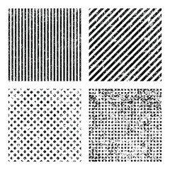 Set of black grunge stripes and squares. Distress texture of spots, stains, ink, dots, scratches. Design element for pattern, grungy effect, template, background. Vector illustration